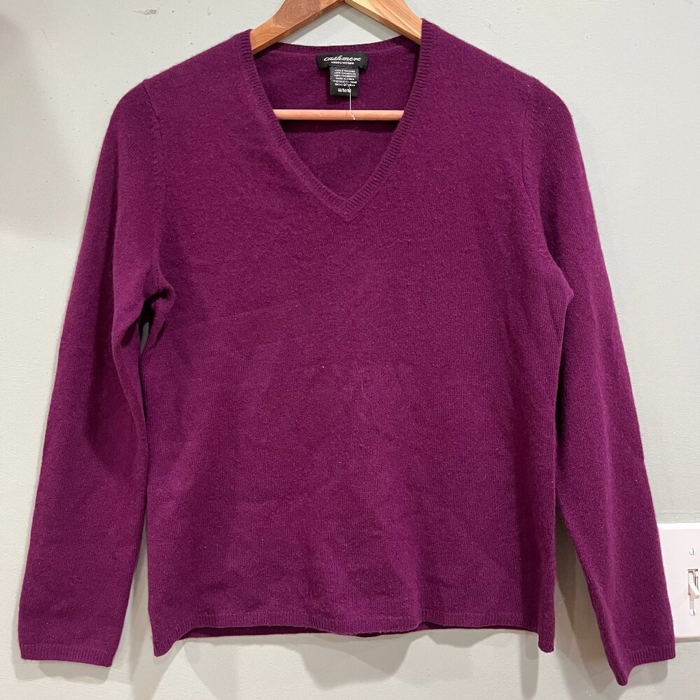 Cashmere Womens Sz M Purple Ribbed V Neck Pullover Knit‎ Sweater Long Sleeves